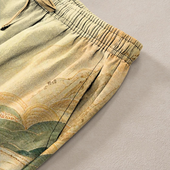 Buddha Stones Pantalones de hombre de algodón con estampado floral de montaña y río, corte ajustado y bolsillos. - image 2