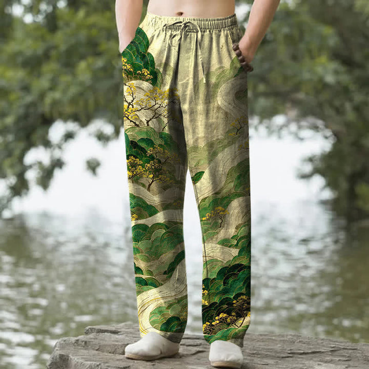 Buddha Stones Pantalones de hombre de algodón con estampado floral de montaña y río, corte ajustado y bolsillos. - Verde amarillento - US/UK/AU50, EU60 (5XL) - image 6