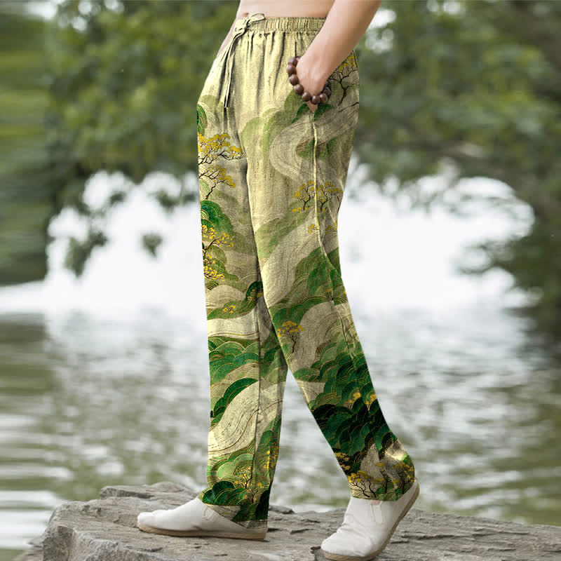 Buddha Stones Pantalones de hombre de algodón con estampado floral de montaña y río, corte ajustado y bolsillos. - image 7