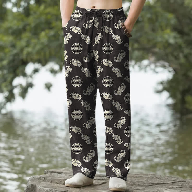 Buddha Stones Pantalones de hombre cónicos con bolsillos, estampado redondo de nube de longevidad de algodón. - Negro - US/UK/AU50, EU60 (5XL) - image 0