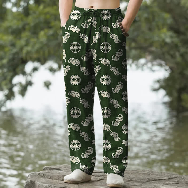 Buddha Stones Pantalones de hombre cónicos con bolsillos, estampado redondo de nube de longevidad de algodón. - Verde bosque - US/UK/AU50, EU60 (5XL) - image 4