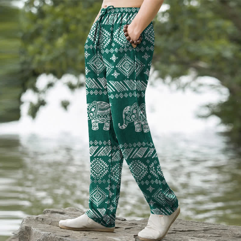 Buddha Stones Pantalones de hombre de algodón con estampado tribal de elefantes, corte ajustado y bolsillos. - image 1