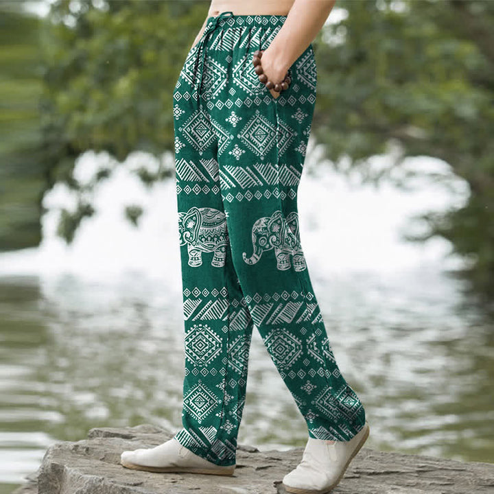 Buddha Stones Pantalones de hombre de algodón con estampado tribal de elefantes, corte ajustado y bolsillos. - image 1