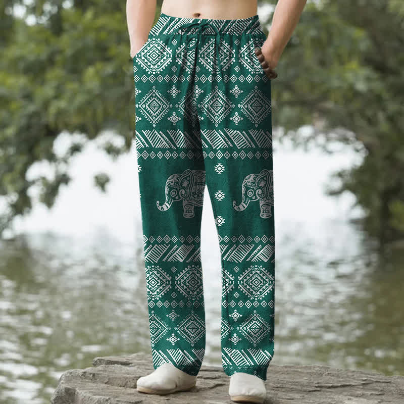 Buddha Stones Pantalones de hombre de algodón con estampado tribal de elefantes, corte ajustado y bolsillos. - cian oscuro - US/UK/AU50, EU60 (5XL) - image 0