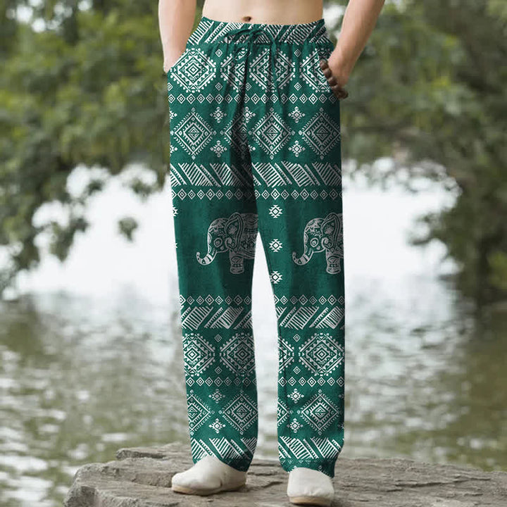 Buddha Stones Pantalones de hombre de algodón con estampado tribal de elefantes, corte ajustado y bolsillos. - cian oscuro - US/UK/AU50, EU60 (5XL) - image 0