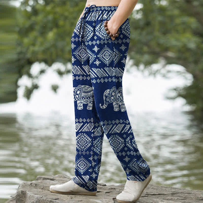 Buddha Stones Pantalones de hombre de algodón con estampado tribal de elefantes, corte ajustado y bolsillos. - image 5
