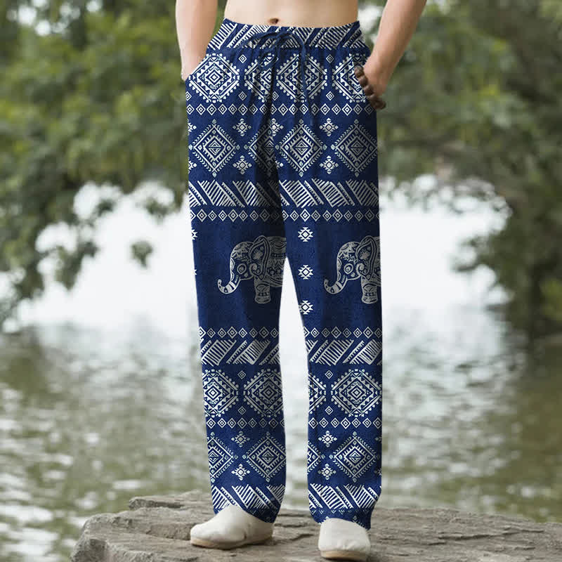 Buddha Stones Pantalones de hombre de algodón con estampado tribal de elefantes, corte ajustado y bolsillos. - Marina de guerra - US/UK/AU50, EU60 (5XL) - image 4