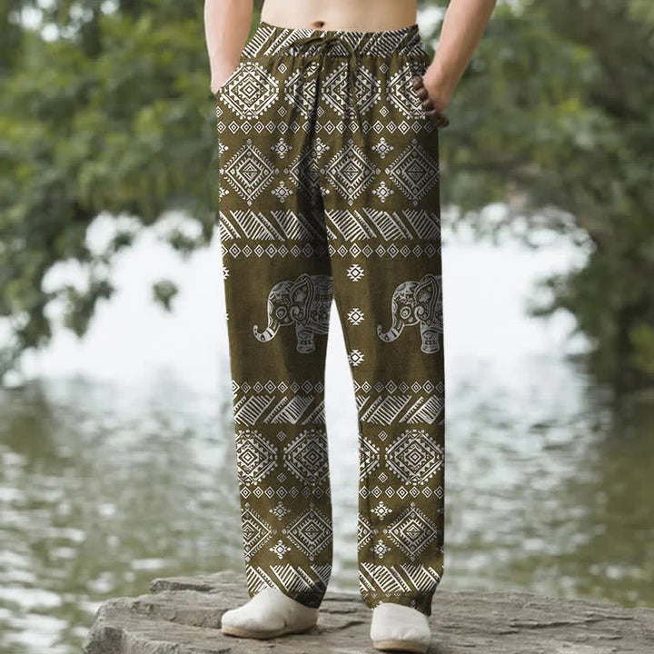 Buddha Stones Pantalones de hombre de algodón con estampado tribal de elefantes, corte ajustado y bolsillos. - Aceituna - US/UK/AU50, EU60 (5XL) - image 6