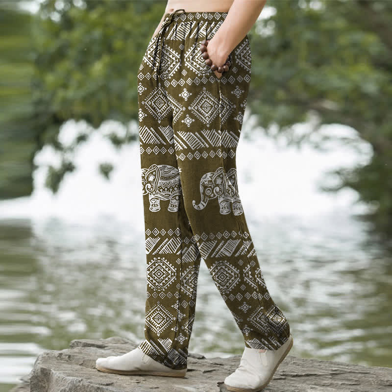 Buddha Stones Pantalones de hombre de algodón con estampado tribal de elefantes, corte ajustado y bolsillos. - image 7