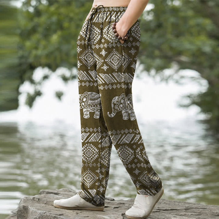 Buddha Stones Pantalones de hombre de algodón con estampado tribal de elefantes, corte ajustado y bolsillos. - image 7