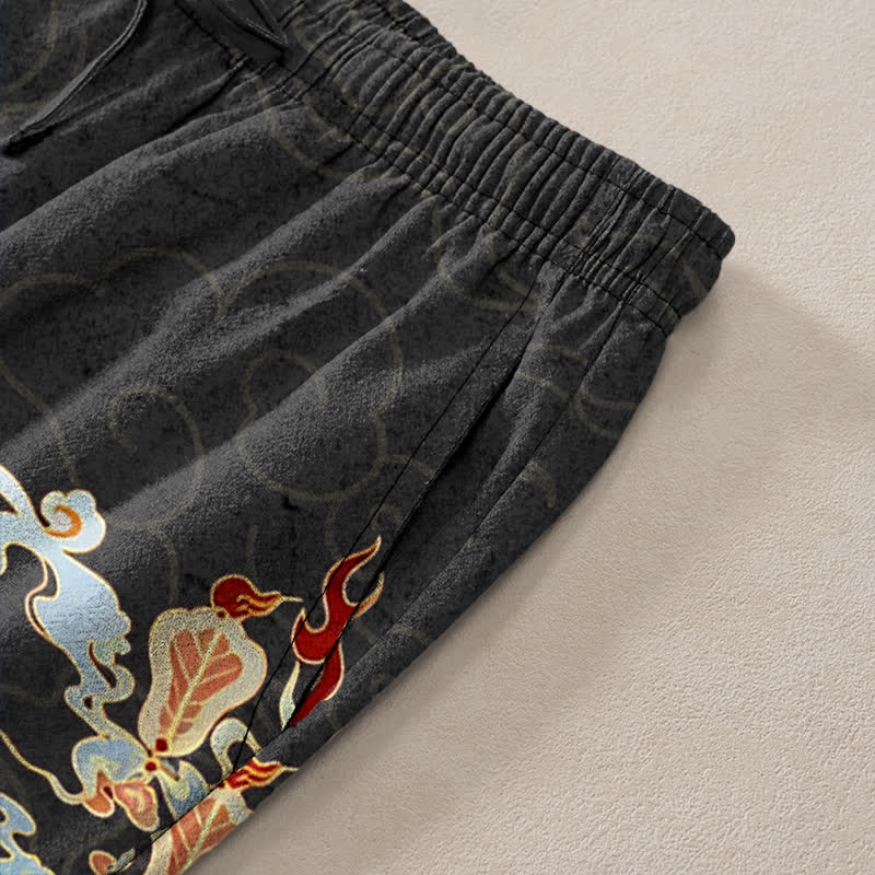 Buddha Stones Pantalones de hombre de algodón blanco con estampado de grullas, nubes auspiciosas y lotos de pabellón, corte cónico y bolsillos. - image 2
