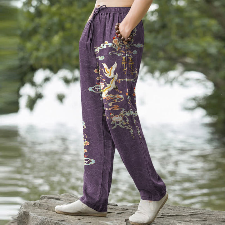 Buddha Stones Pantalones de hombre de algodón blanco con estampado de grullas, nubes auspiciosas y lotos de pabellón, corte cónico y bolsillos. - image 5