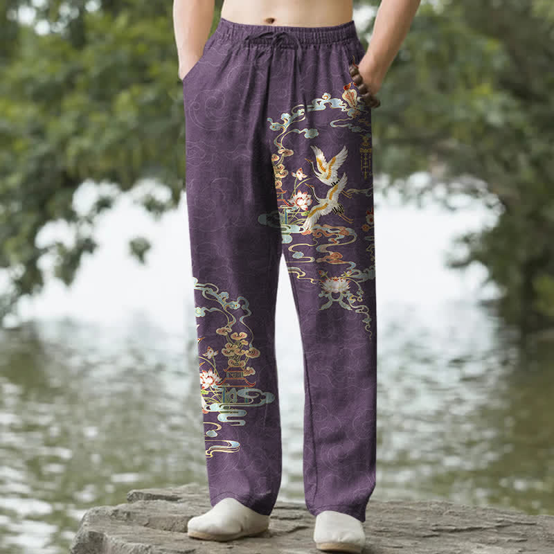 Buddha Stones Pantalones de hombre de algodón blanco con estampado de grullas, nubes auspiciosas y lotos de pabellón, corte cónico y bolsillos. - Orquídea mediana - US/UK/AU50, EU60 (5XL) - image 4