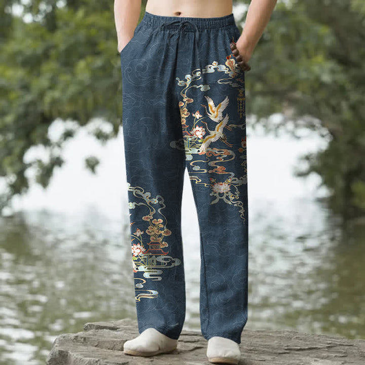 Buddha Stones Pantalones de hombre de algodón blanco con estampado de grullas, nubes auspiciosas y lotos de pabellón, corte cónico y bolsillos. - Azul acero - US/UK/AU50, EU60 (5XL) - image 6