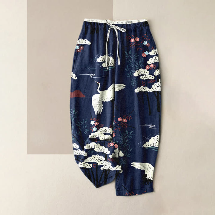 Buddha Stones Pantalones de mujer de algodón puro con elegante estampado de grullas y árboles blancos, cintura elástica y bolsillos. - Marina de guerra - US16，UK/AU20，EU48 (3XL) - image 0