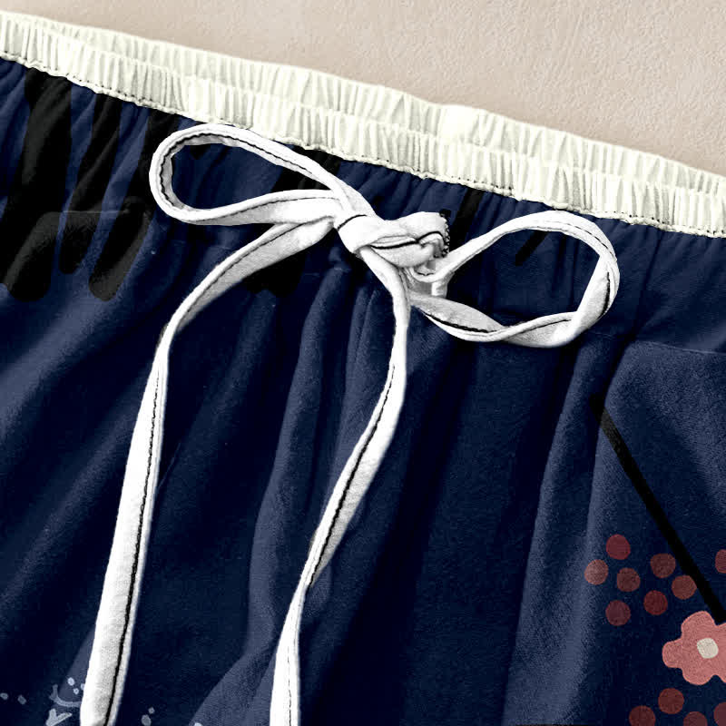 Buddha Stones Pantalones de mujer de algodón puro con elegante estampado de grullas y árboles blancos, cintura elástica y bolsillos. - image 1