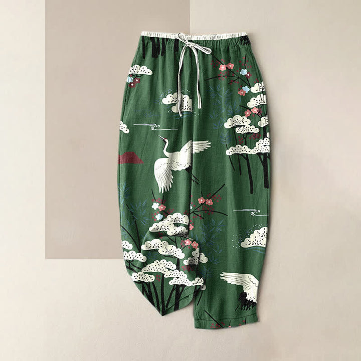 Buddha Stones Pantalones de mujer de algodón puro con elegante estampado de grullas y árboles blancos, cintura elástica y bolsillos. - Verde bosque - US16，UK/AU20，EU48 (3XL) - image 4