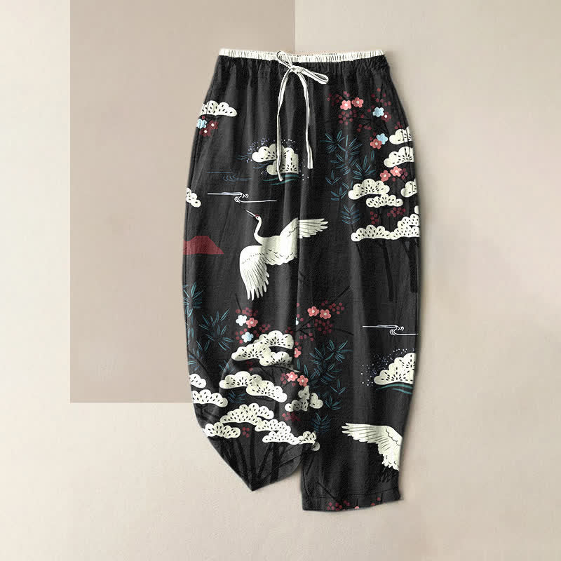 Buddha Stones Pantalones de mujer de algodón puro con elegante estampado de grullas y árboles blancos, cintura elástica y bolsillos. - Negro - US16，UK/AU20，EU48 (3XL) - image 5
