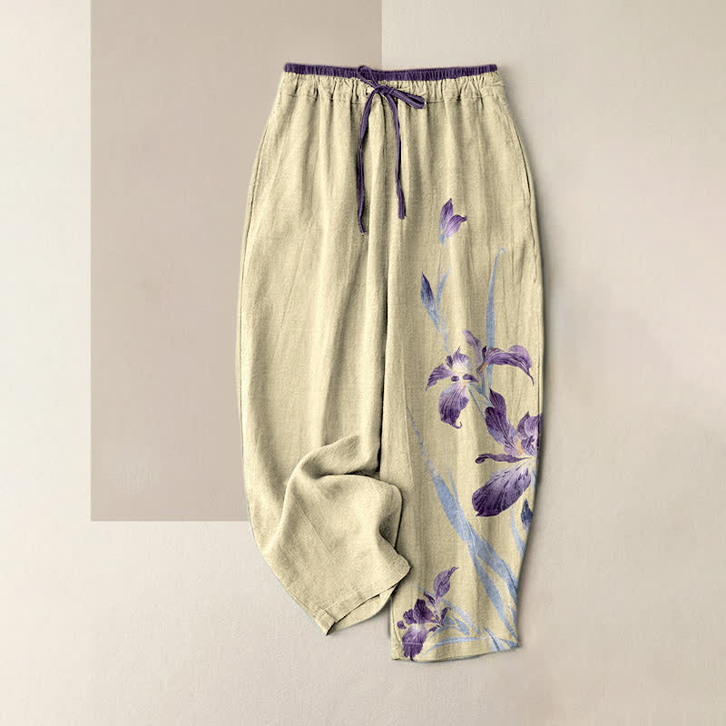 Buddha Stones Pantalones de mujer de algodón puro con elegante estampado de iris y cintura elástica con bolsillos. - Limón Chiffon - US16，UK/AU20，EU48 (3XL) - image 4