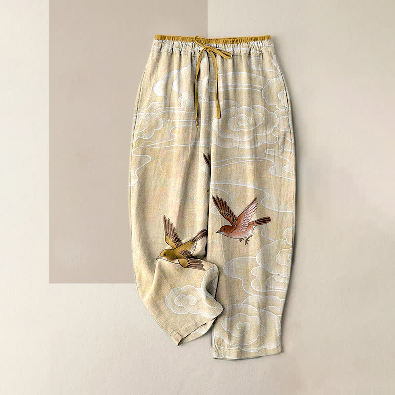 Buddha Stones Pantalones de mujer de algodón puro con estampado de nubes y pájaros volando, cintura elástica y bolsillos. - Chifón de limón - US16，UK/AU20，EU48 (3XL) - image 0