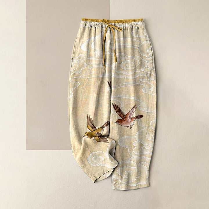 Buddha Stones Pantalones de mujer de algodón puro con estampado de nubes y pájaros volando, cintura elástica y bolsillos. - Chifón de limón - US16，UK/AU20，EU48 (3XL) - image 0