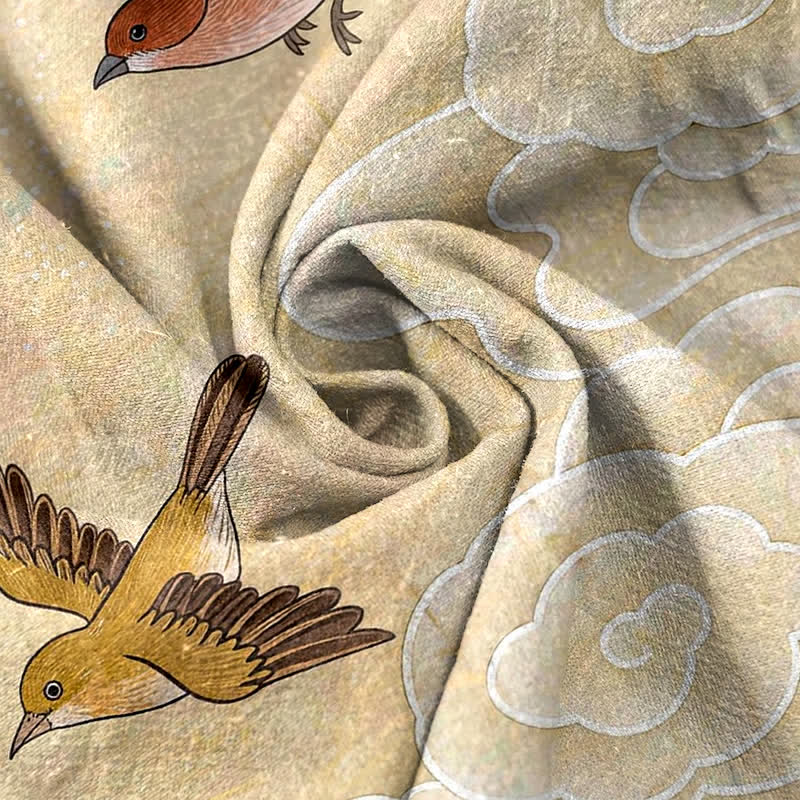Buddha Stones Pantalones de mujer de algodón puro con estampado de nubes y pájaros volando, cintura elástica y bolsillos. - image 2