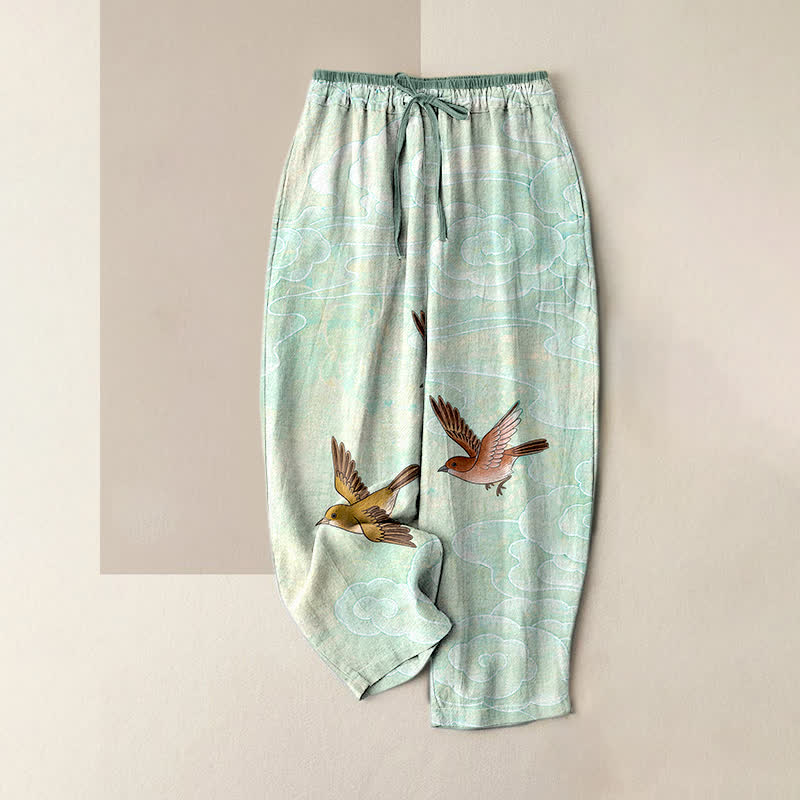 Buddha Stones Pantalones de mujer de algodón puro con estampado de nubes y pájaros volando, cintura elástica y bolsillos. - Turquesa pálido - US16，UK/AU20，EU48 (3XL) - image 3