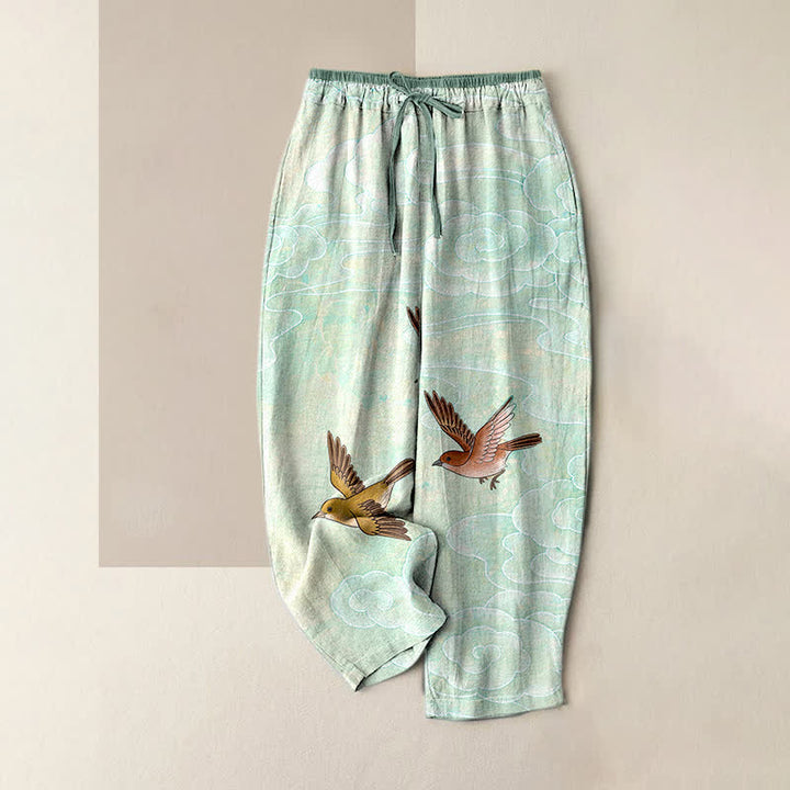 Buddha Stones Pantalones de mujer de algodón puro con estampado de nubes y pájaros volando, cintura elástica y bolsillos. - Turquesa pálido - US16，UK/AU20，EU48 (3XL) - image 3