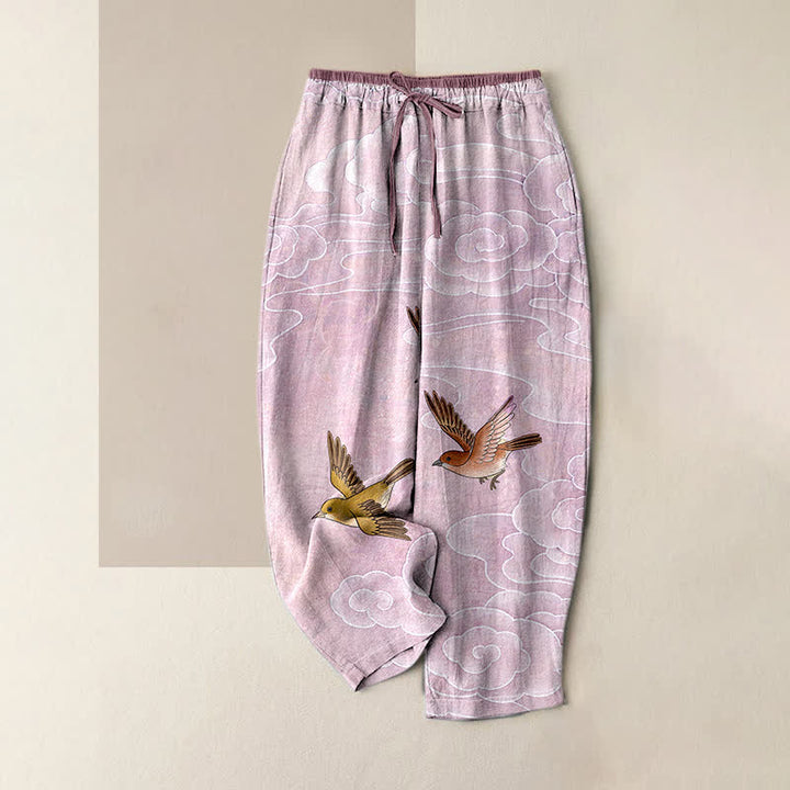 Buddha Stones Pantalones de mujer de algodón puro con estampado de nubes y pájaros volando, cintura elástica y bolsillos. - Ciruela - US16，UK/AU20，EU48 (3XL) - image 4