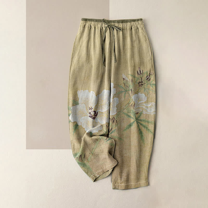 Buddha Stones Pantalones de mujer de algodón puro con estampado floral blanco y cintura elástica, con bolsillos. - Caqui oscuro - US16，UK/AU20，EU48 (3XL) - image 0