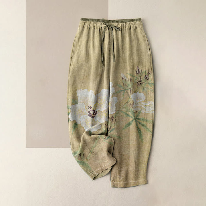 Buddha Stones Pantalones de mujer de algodón puro con estampado floral blanco y cintura elástica, con bolsillos. - Caqui oscuro - US16，UK/AU20，EU48 (3XL) - image 0