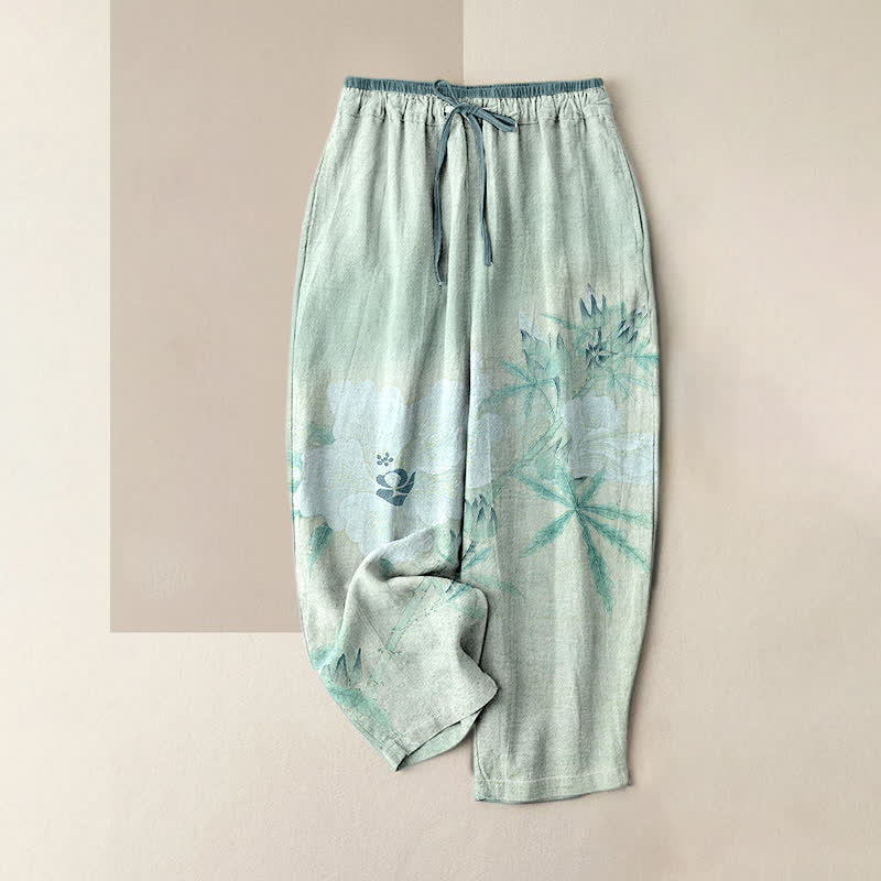 Buddha Stones Pantalones de mujer de algodón puro con estampado floral blanco y cintura elástica, con bolsillos. - Cian claro - US16，UK/AU20，EU48 (3XL) - image 3