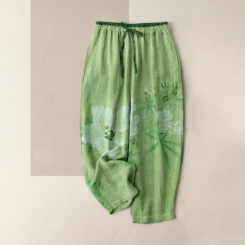 Buddha Stones Pantalones de mujer de algodón puro con estampado floral blanco y cintura elástica, con bolsillos. - Verde claro - US16，UK/AU20，EU48 (3XL) - image 4