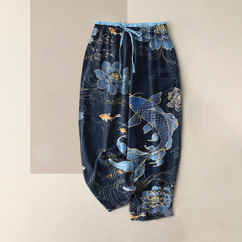 Buddha Stones Pantalones de mujer de algodón puro con estampado de peces koi y loto, cintura elástica y bolsillos. - Marina de guerra - US16，UK/AU20，EU48 (3XL) - image 0