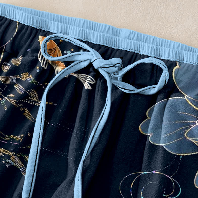 Buddha Stones Pantalones de mujer de algodón puro con estampado de peces koi y loto, cintura elástica y bolsillos. - image 1