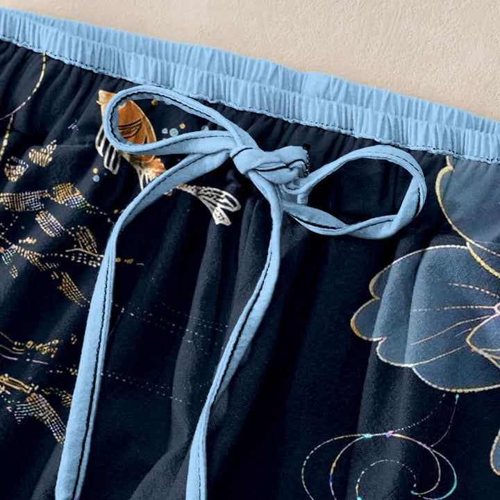 Buddha Stones Pantalones de mujer de algodón puro con estampado de peces koi y loto, cintura elástica y bolsillos. - image 1