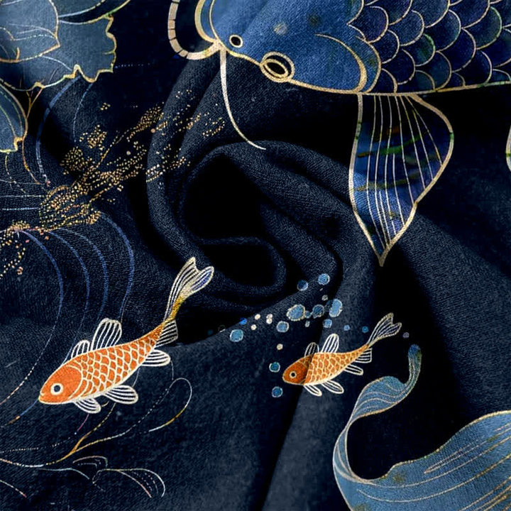 Buddha Stones Pantalones de mujer de algodón puro con estampado de peces koi y loto, cintura elástica y bolsillos. - image 3