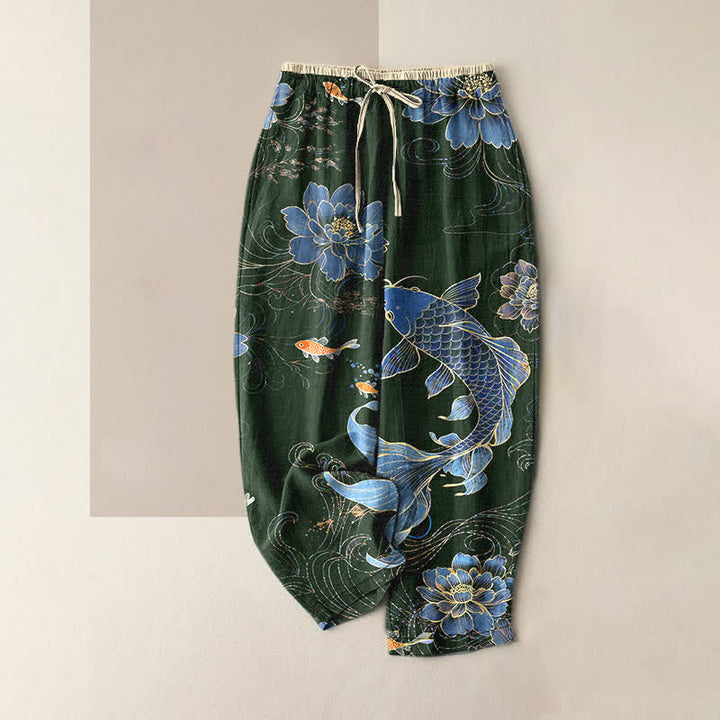 Buddha Stones Pantalones de mujer de algodón puro con estampado de peces koi y loto, cintura elástica y bolsillos. - Verde oscuro - US16，UK/AU20，EU48 (3XL) - image 4
