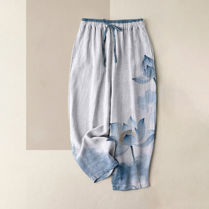 Buddha Stones Pantalones de mujer de algodón puro con estampado de loto y cintura elástica, con bolsillos. - Azul claro - US16，UK/AU20，EU48 (3XL) - image 0