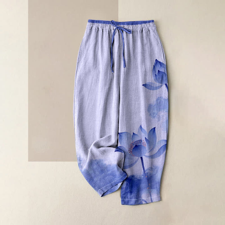 Buddha Stones Pantalones de mujer de algodón puro con estampado de loto y cintura elástica, con bolsillos. - Azul pizarra medio - US16，UK/AU20，EU48 (3XL) - image 3