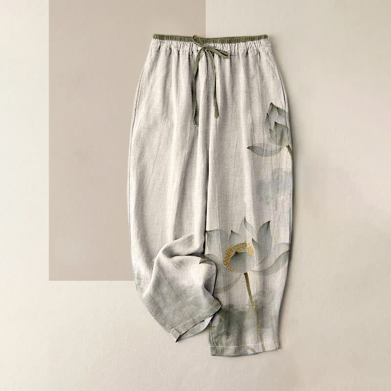 Buddha Stones Pantalones de mujer de algodón puro con estampado de loto y cintura elástica, con bolsillos. - Lino - US16，UK/AU20，EU48 (3XL) - image 4