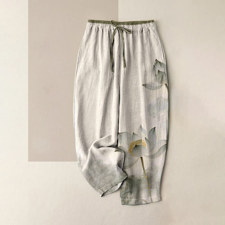 Buddha Stones Pantalones de mujer de algodón puro con estampado de loto y cintura elástica, con bolsillos. - Lino - US16，UK/AU20，EU48 (3XL) - image 4