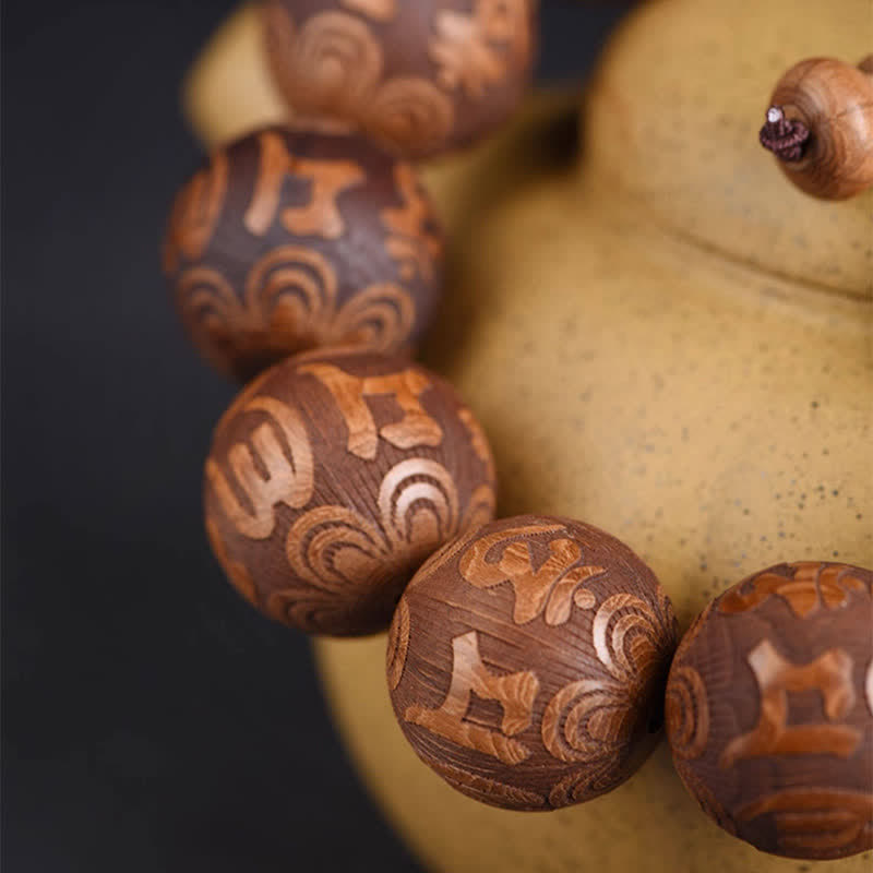 Buddha Stones Pulsera de madera natural Abelia Biflora con corazón Sutra Om Mani Padme Hum - image 2