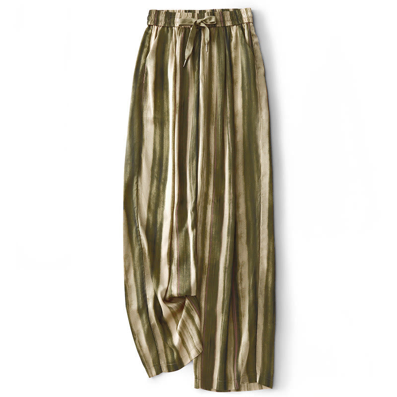 Buddha Stones Pantalones largos de verano elegantes e informales con cordón ajustable y rayas verticales para mujer, de pierna recta y con bolsillos. - Caqui oscuro - US8-10, UK/AU12-14, EU40-42 (2XL) - image 0