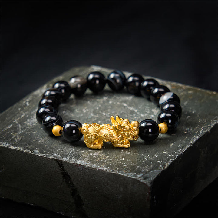 Buddha Stones Pulsera de la riqueza de ágata rayada marrón PiXiu - Ágata rayada marrón (Conexión con la tierra ♥ Protección) - image 0