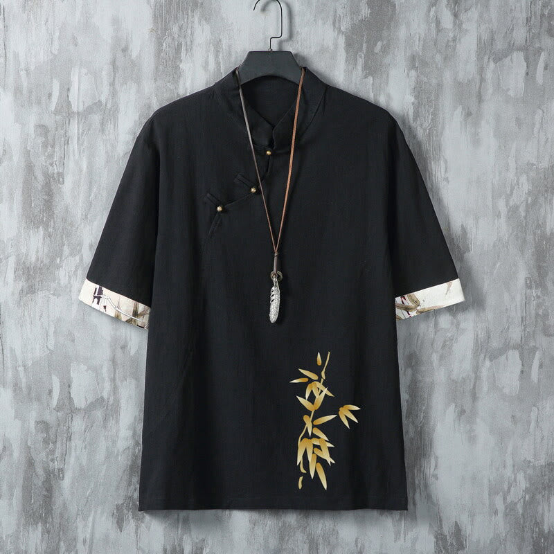 Buddha Stones Camisas de manga corta para hombre estilo Tang, informales, con botones de rana y estampado de bambú, ideales para el verano. - Negro - US/UK/AU46, EU56 (5XL) - image 1