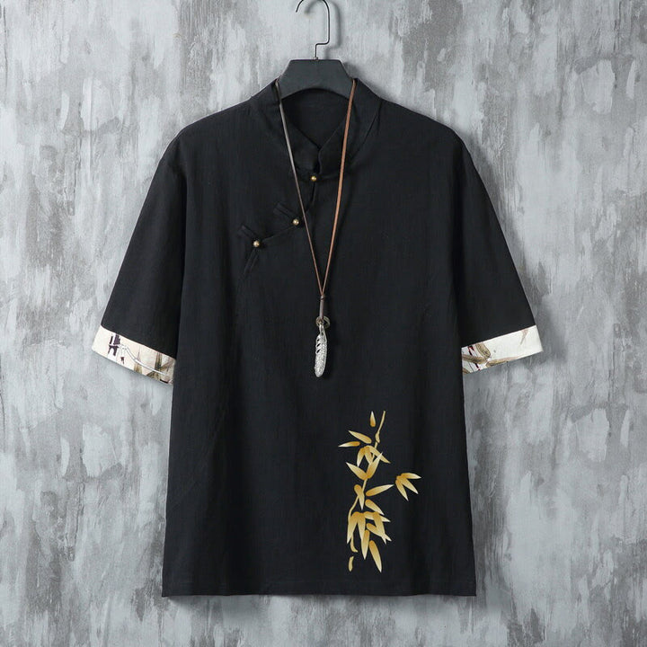 Buddha Stones Camisas de manga corta para hombre estilo Tang, informales, con botones de rana y estampado de bambú, ideales para el verano. - Negro - US/UK/AU46, EU56 (5XL) - image 1