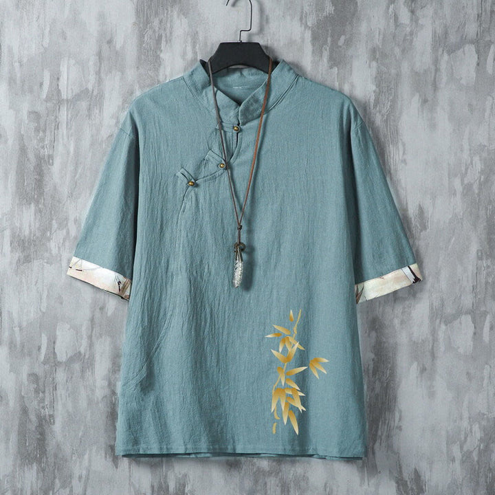 Buddha Stones Camisas de manga corta para hombre estilo Tang, informales, con botones de rana y estampado de bambú, ideales para el verano. - Azul cadete - US/UK/AU46, EU56 (5XL) - image 0