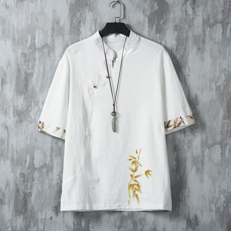 Buddha Stones Camisas de manga corta para hombre estilo Tang, informales, con botones de rana y estampado de bambú, ideales para el verano. - Blanco - US/UK/AU46, EU56 (5XL) - image 2