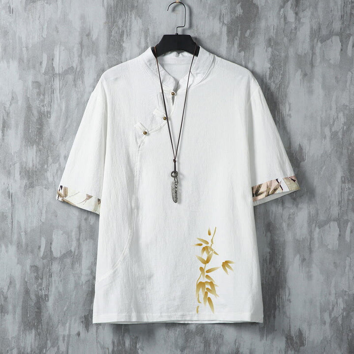 Buddha Stones Camisas de manga corta para hombre estilo Tang, informales, con botones de rana y estampado de bambú, ideales para el verano. - Blanco - US/UK/AU46, EU56 (5XL) - image 2